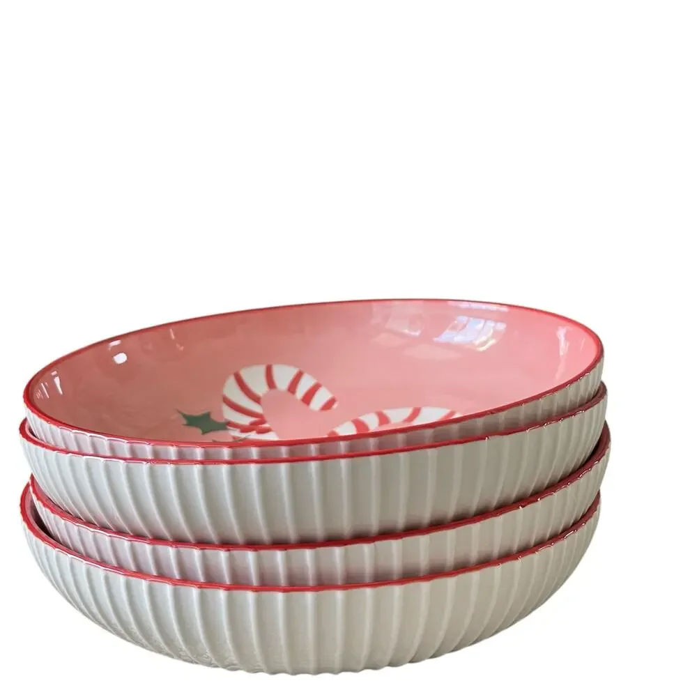 Christmas Candy Cane Dinner Bowl Set of 4 Ceramic Pink Red PrimaDesign Holiday